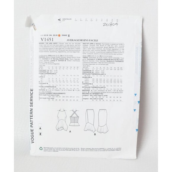 Vogue Donna Karan V1451 Donna Karan Sewing Pattern Misses' Top & Skirt Uncut Siz - Picture 2 of 5